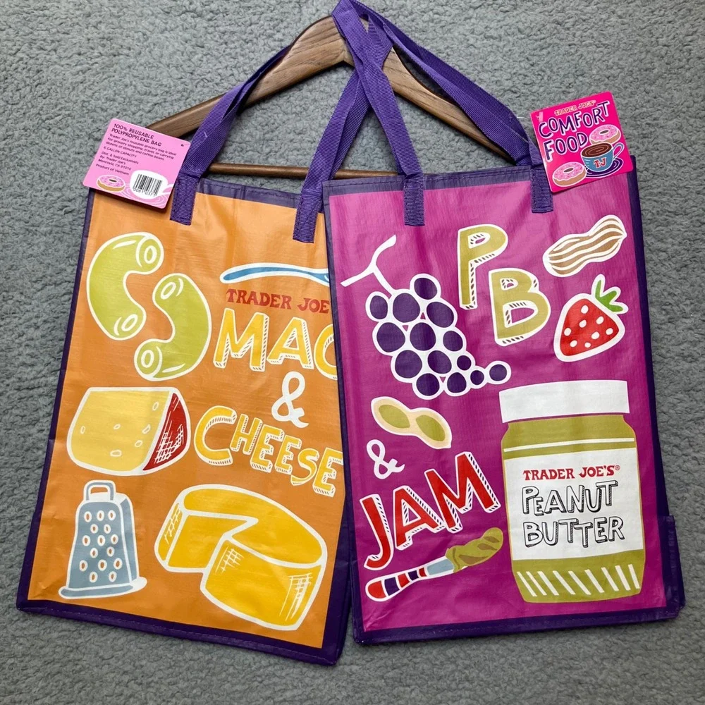 NWT 2 Trader Joes Tote Bags Mac & Cheese PB&J Comfort Food Set USA Tourist Gift - Picture 1 of 5